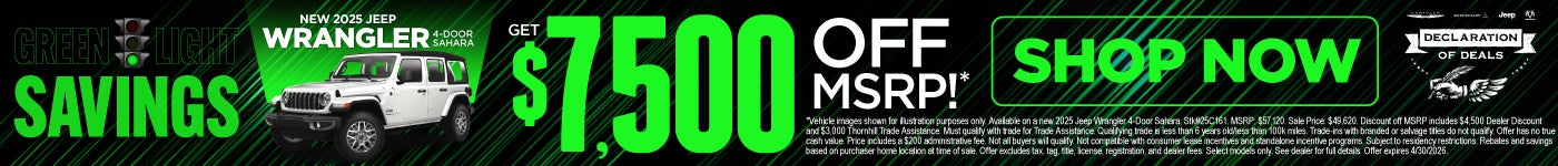 New 2025 Jeep Wrangler 4-Door Sahara	Get $7,500 Off MSRP!*