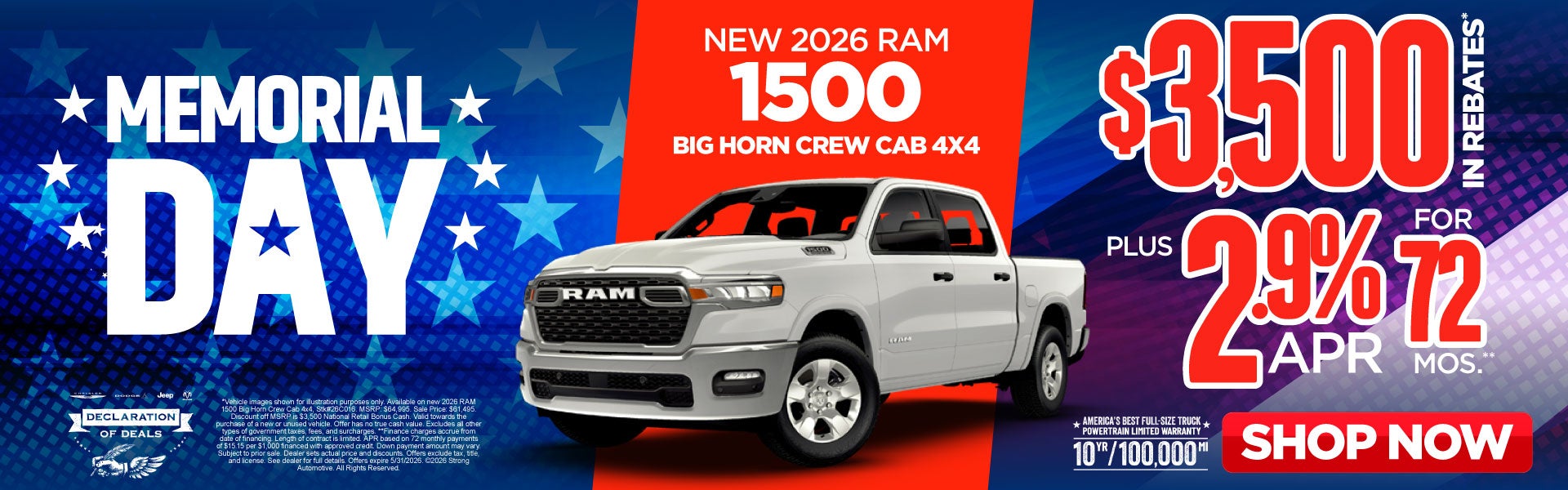 New 2026 RAM 1500 Big Horn Crew Cab 4x4	"$3,500 in Rebates* 