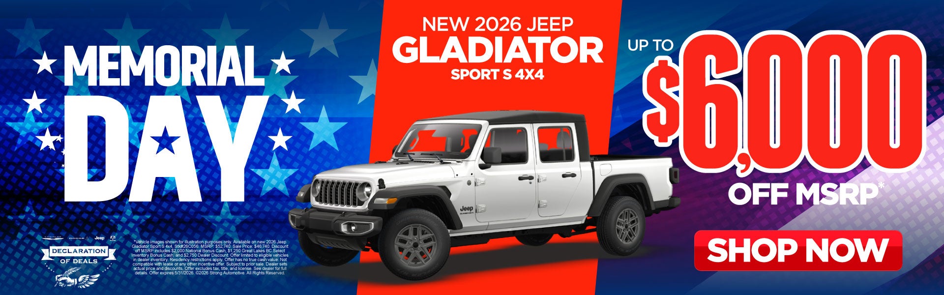New 2026 Jeep Gladiator Sport S 4x4	Up to $6,000 Off MSRP*