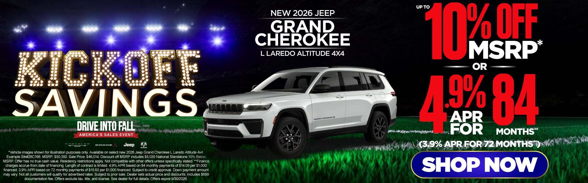 New 2026 Jeep Grand Cherokee L Laredo Altitude 4x4	"Up to 10